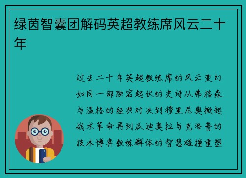 绿茵智囊团解码英超教练席风云二十年